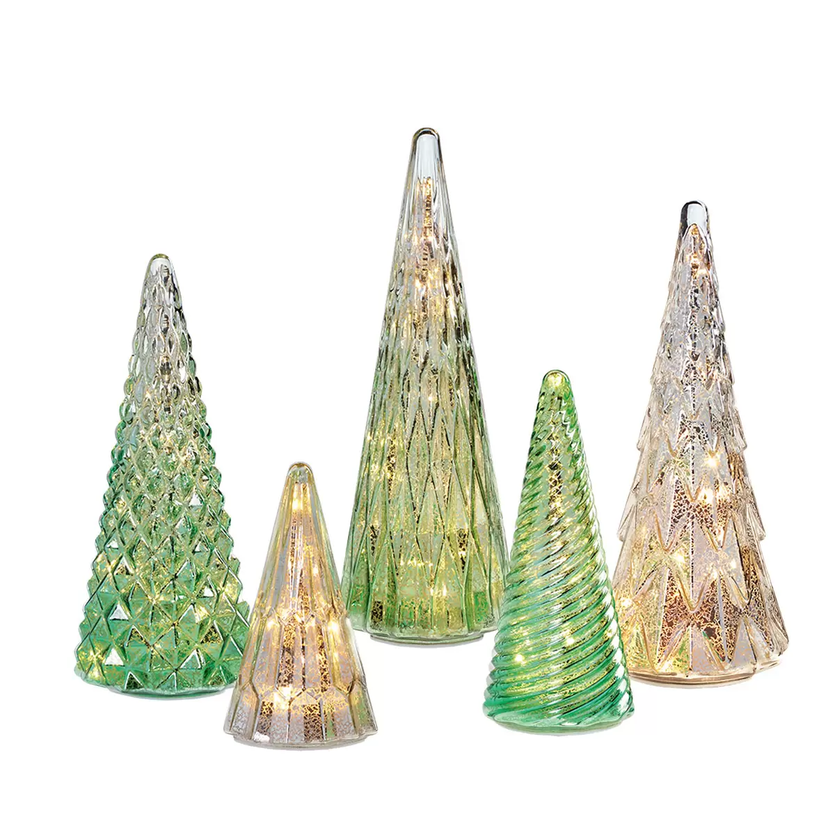 Ensemble de 5 arbres en verre avec lumières DEL en vert - Image 2