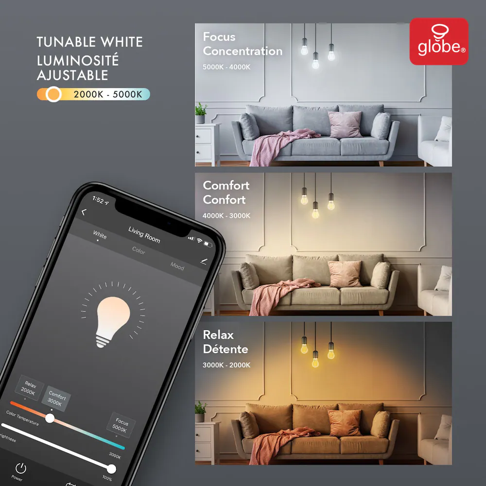 Globe Électrique - Ampoule intelligente Wi-Fi A19 avec filaments visibles à DEL à intensité variable, blanche - Image 4