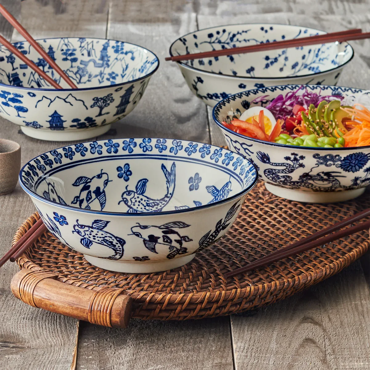 Maison Neuve - Bols en porcelaine avec baguettes, 8 pièces